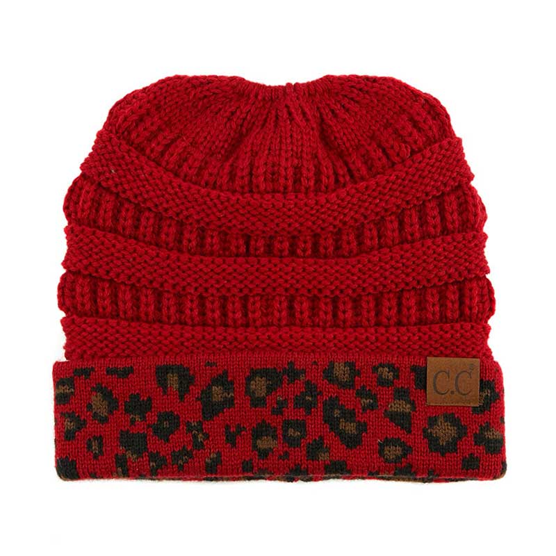 C.C Solid Color Beanie Tail Hat with Leopard Pattern Cuff