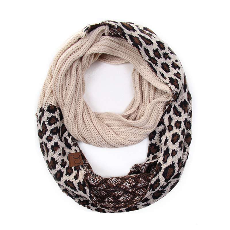 CC Ribbed Knit Infinity Scarf with Leopard Pattern