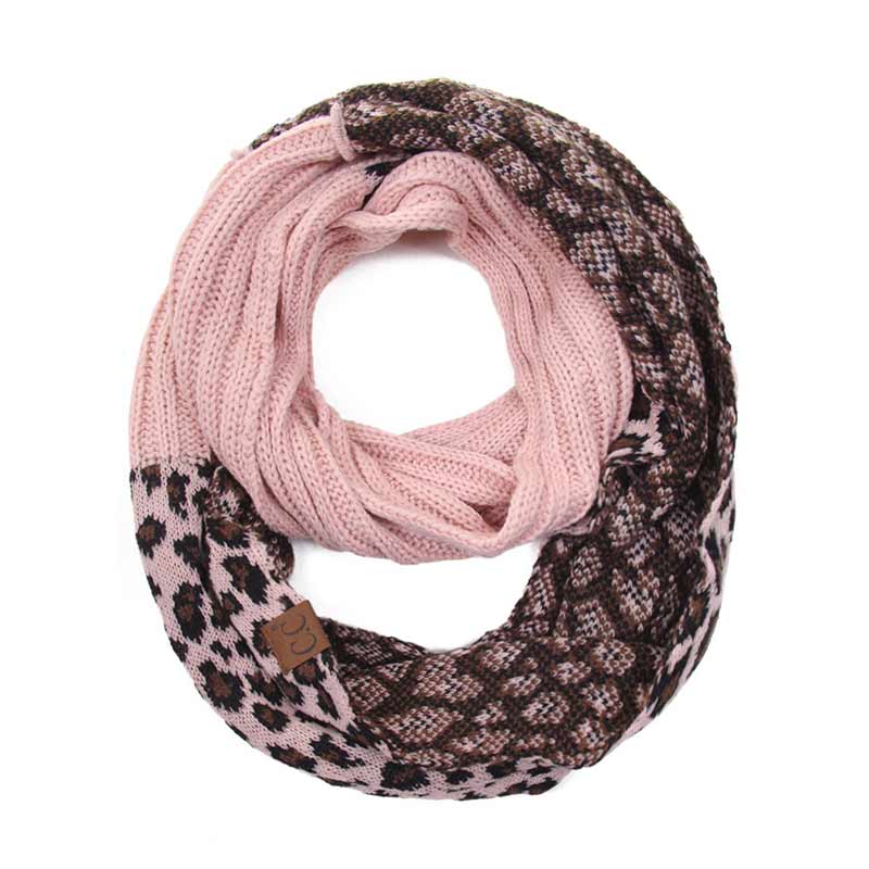 CC Ribbed Knit Infinity Scarf with Leopard Pattern