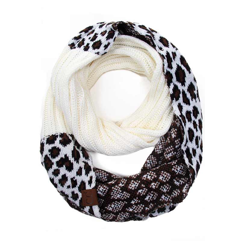 CC Ribbed Knit Infinity Scarf with Leopard Pattern