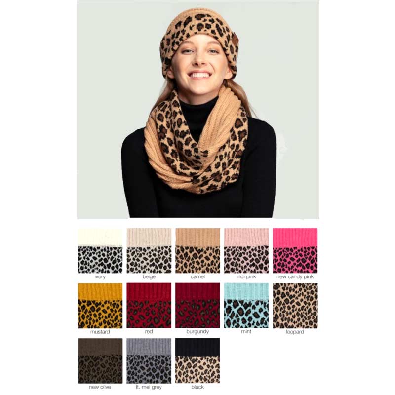 CC Ribbed Knit Infinity Scarf with Leopard Pattern - Image 2