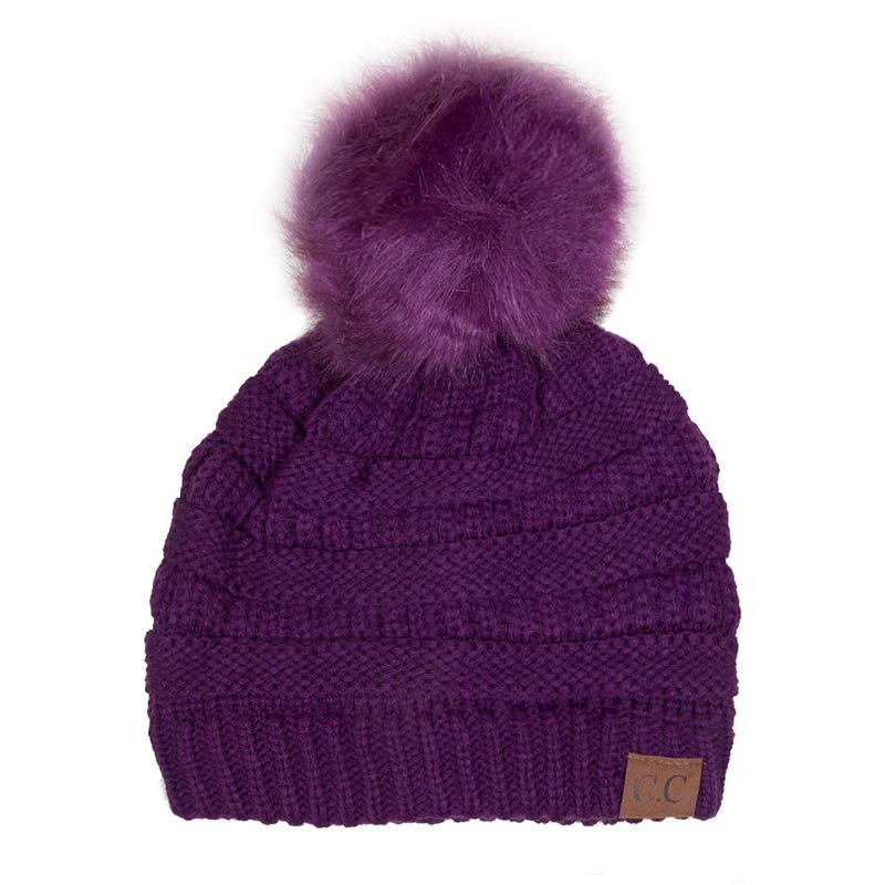 C.C Knitted Beanie Hat with Fake Fur Pom