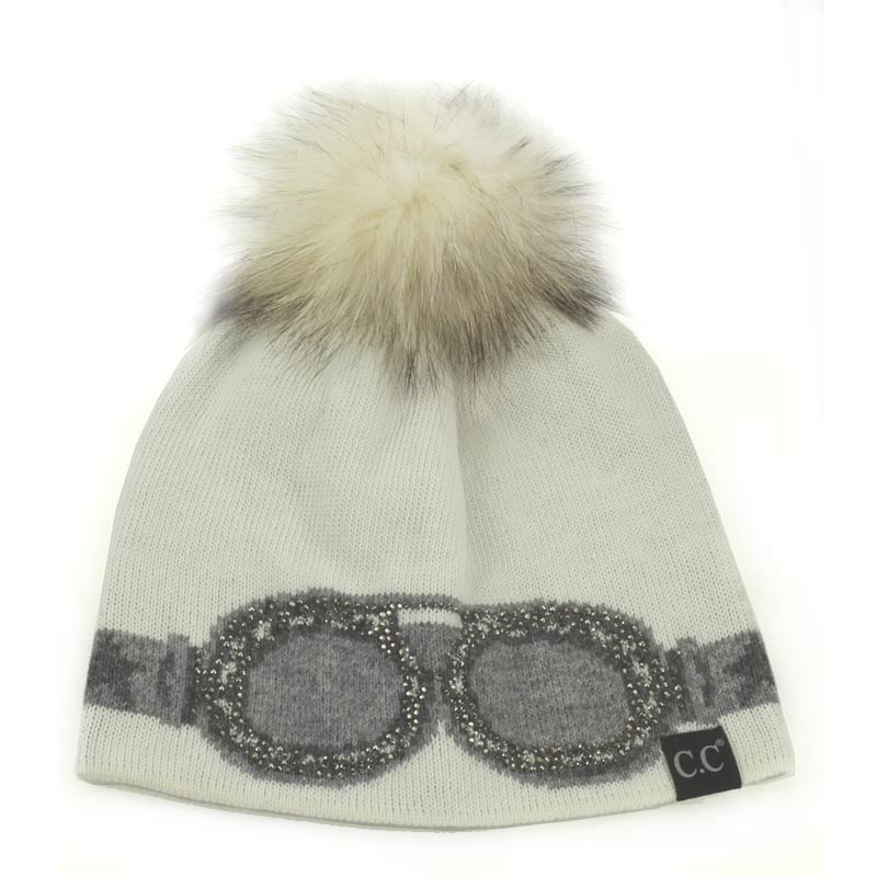 C.C Black Label Real Raccoon Fur Pom Goggles Stone Hat