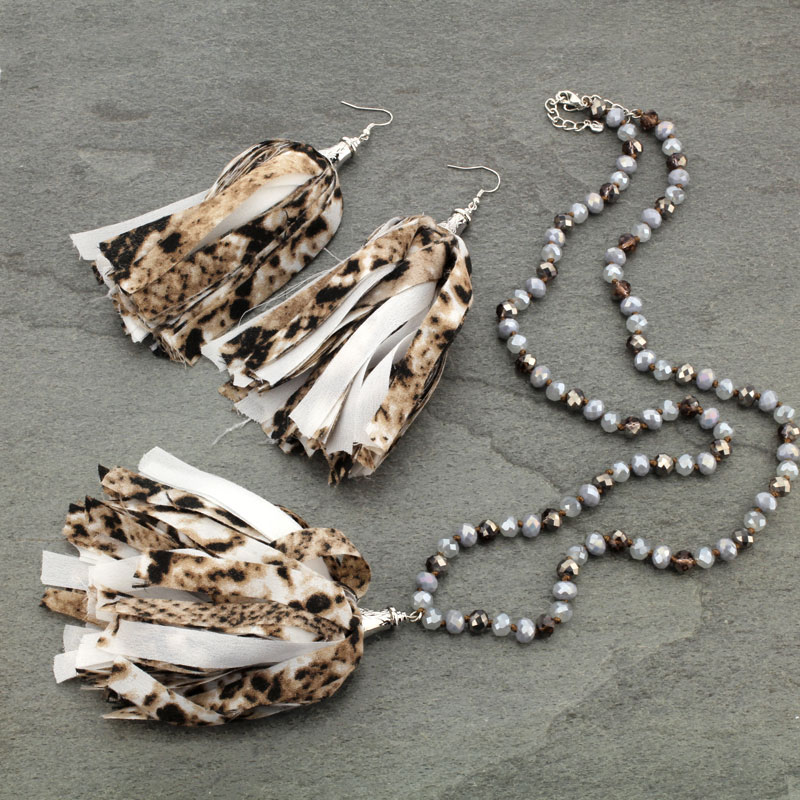 Animal Print Fabric Tassel Glass Bead Necklace Set