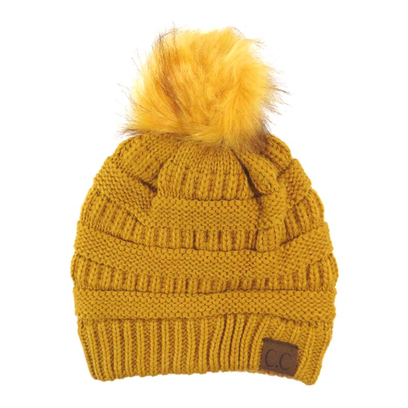 C.C Knitted Beanie Hat with Fake Fur Pom