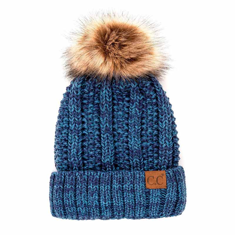 C.C Knitted Tone Hat With Fuzzy Lining and 12cm Pom