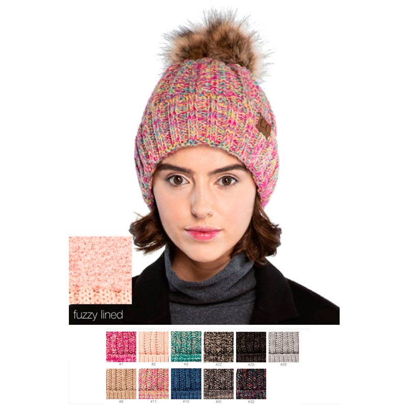 C.C Knitted Tone Hat With Fuzzy Lining and 12cm Pom - Image 3