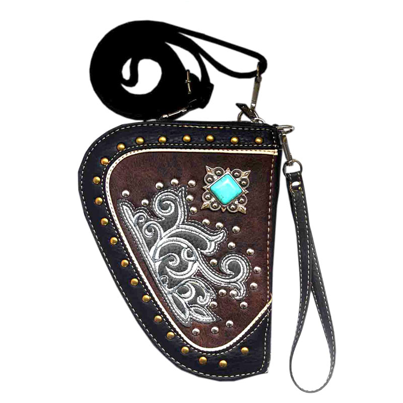 Swirly Vines Embroidery Turquoise Accent Gun Shape Crossbody Pouch