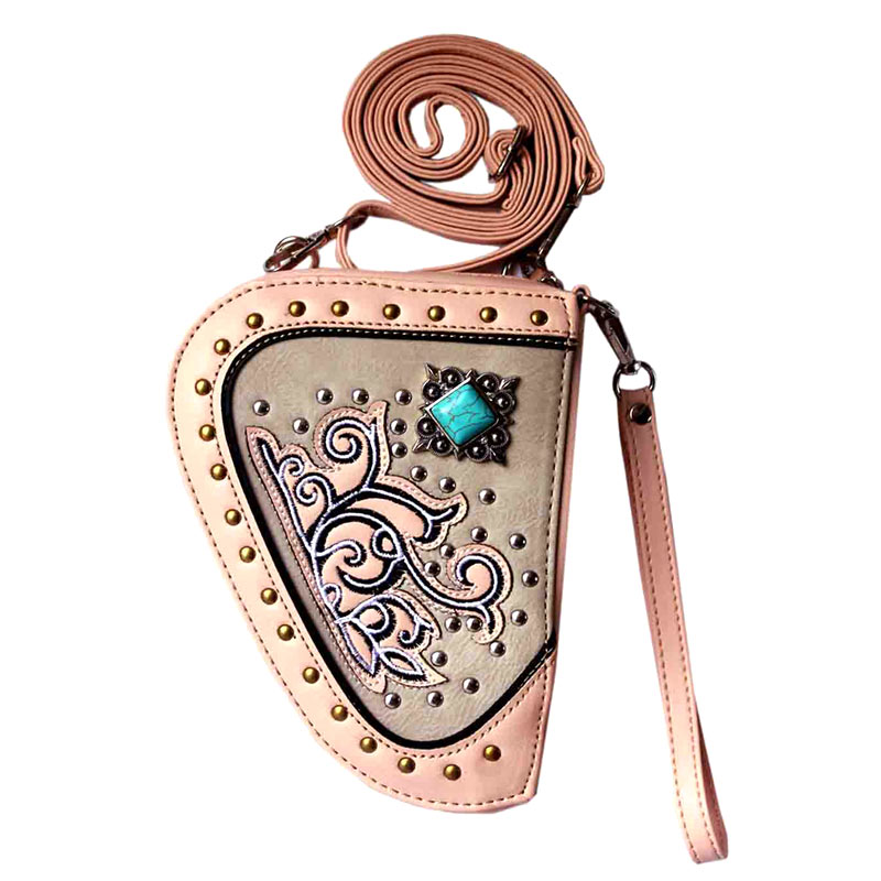 Swirly Vines Embroidery Turquoise Accent Gun Shape Crossbody Pouch