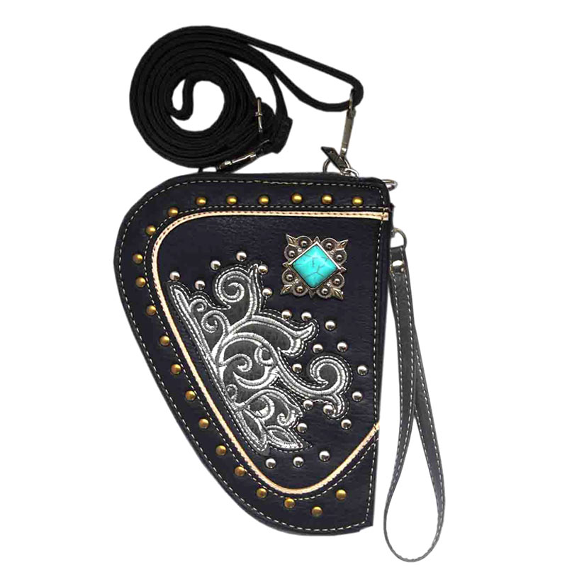 Swirly Vines Embroidery Turquoise Accent Gun Shape Crossbody Pouch