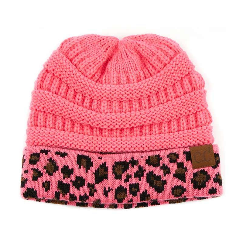 C.C Solid Color Beanie Hat with Leopard Pattern Cuff