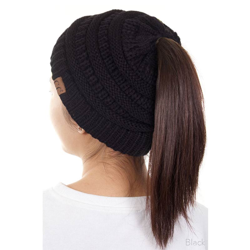 C.C Solid Color Ponytail Messy Bun Beanie - Image 2