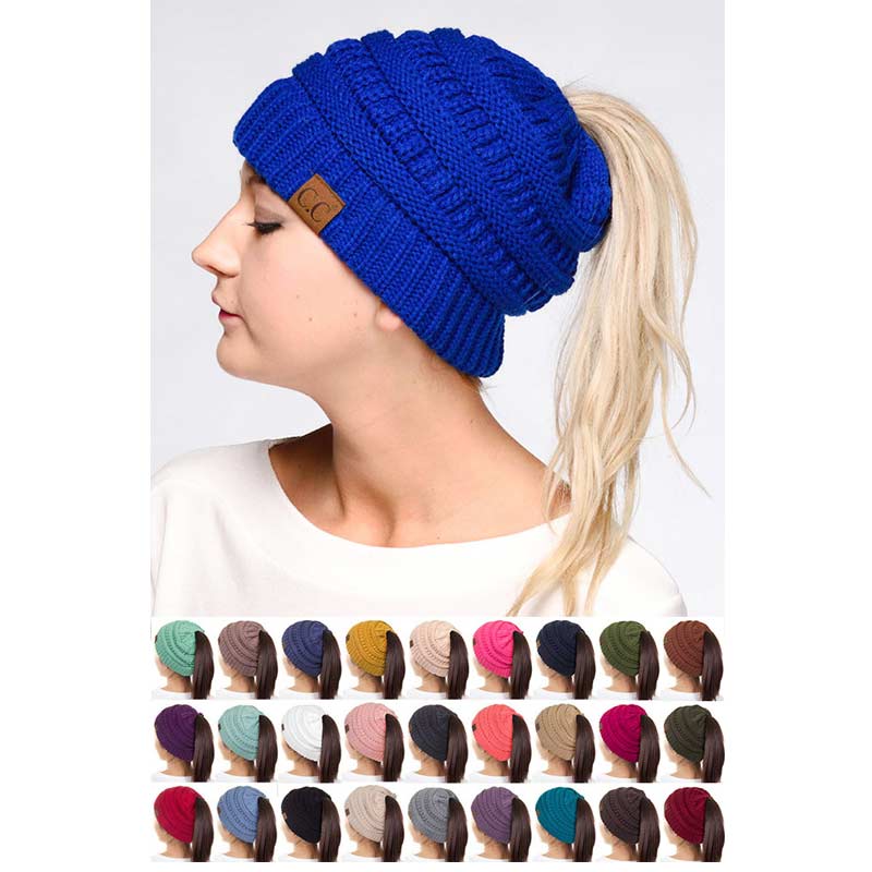 C.C Solid Color Ponytail Messy Bun Beanie - Image 2