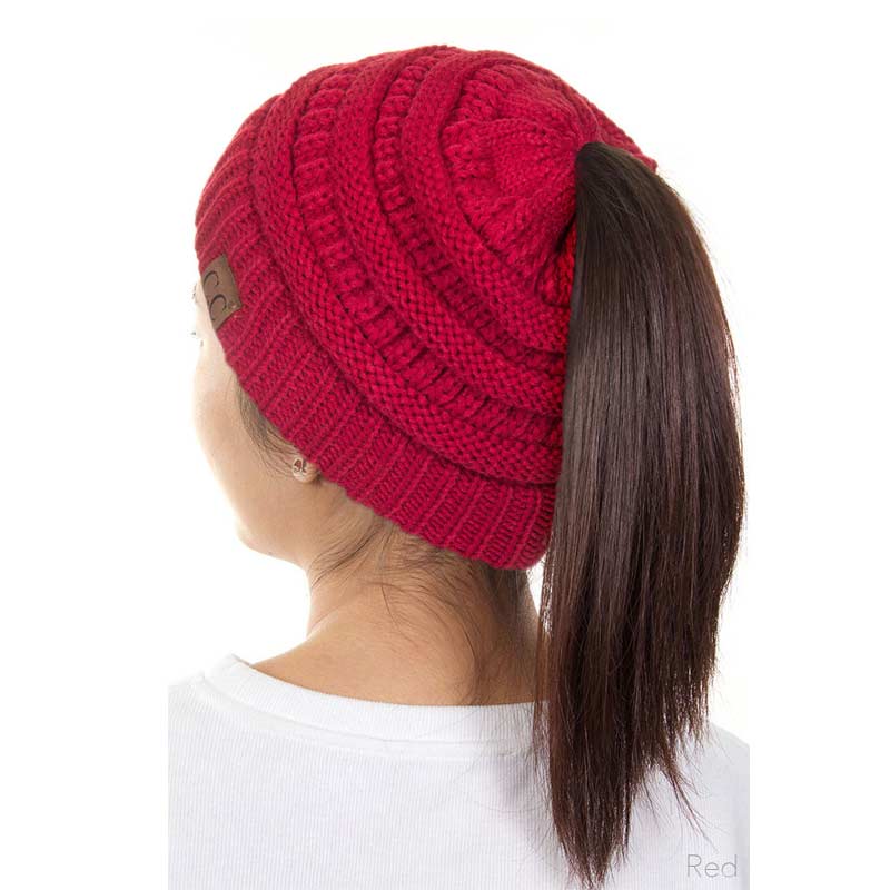 C.C Solid Color Ponytail Messy Bun Beanie - Image 3