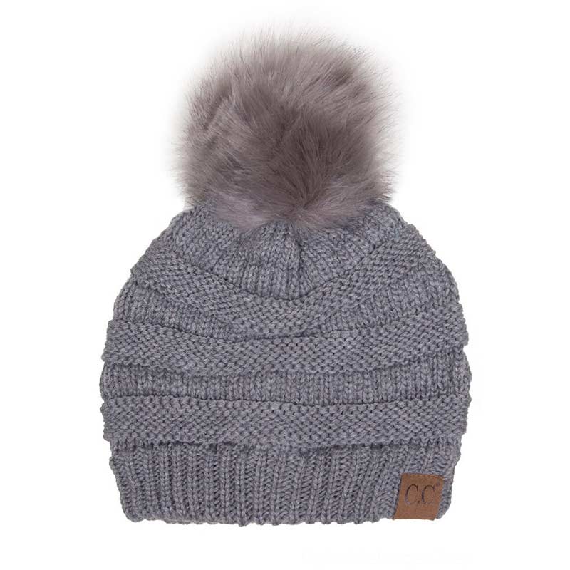 C.C Knitted Beanie Hat with Fake Fur Pom