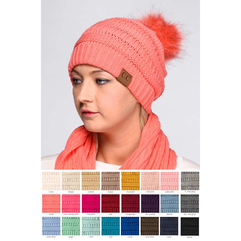 C.C Knitted Beanie Hat with Fake Fur Pom - Image 2