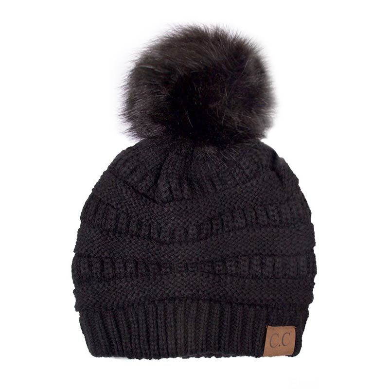 C.C Knitted Beanie Hat with Fake Fur Pom