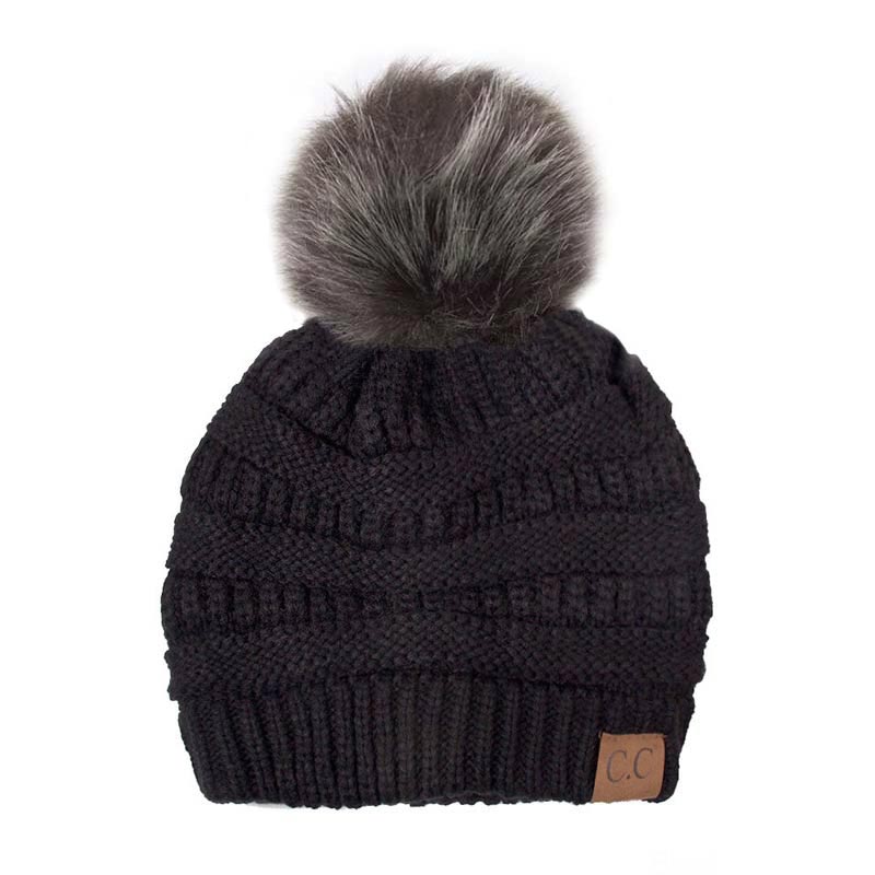 C.C Knitted Beanie Hat with Fake Fur Pom