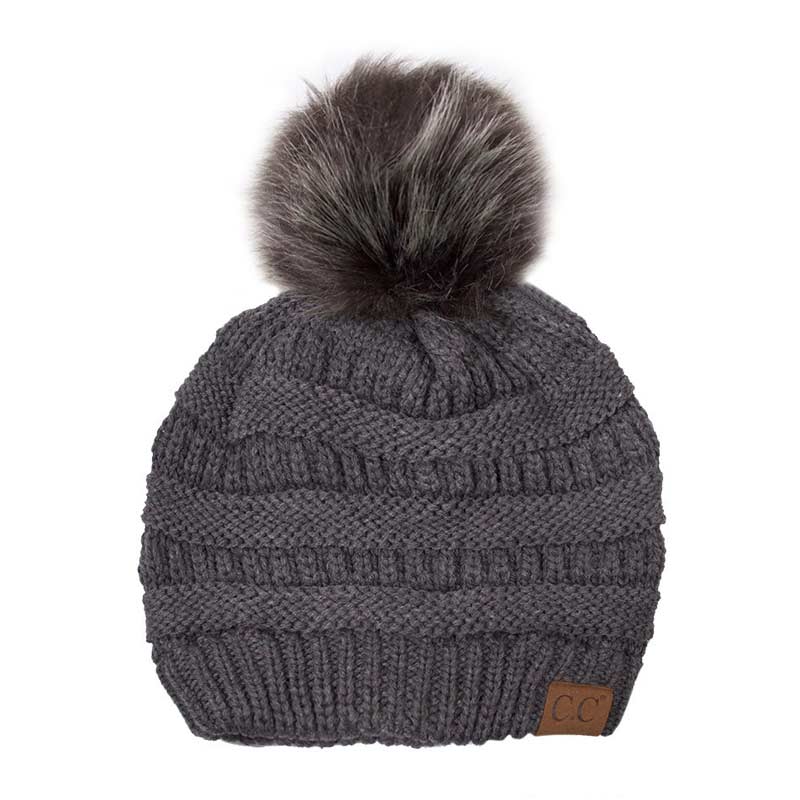 C.C Knitted Beanie Hat with Fake Fur Pom