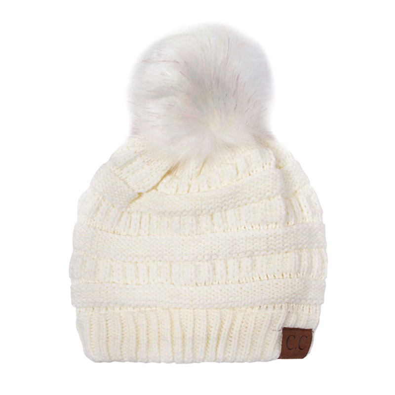 C.C Knitted Beanie Hat with Fake Fur Pom