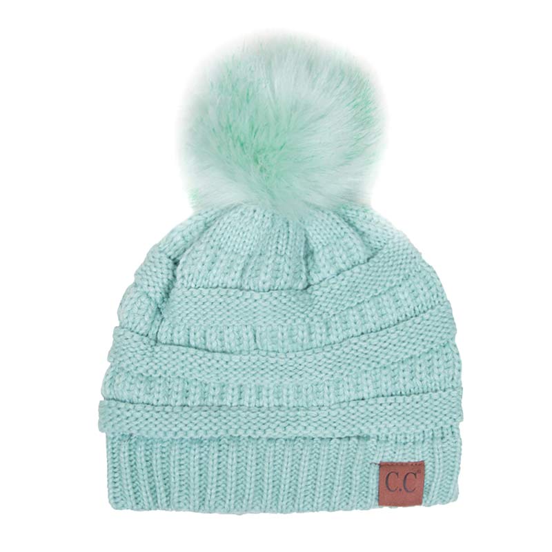 C.C Knitted Beanie Hat with Fake Fur Pom