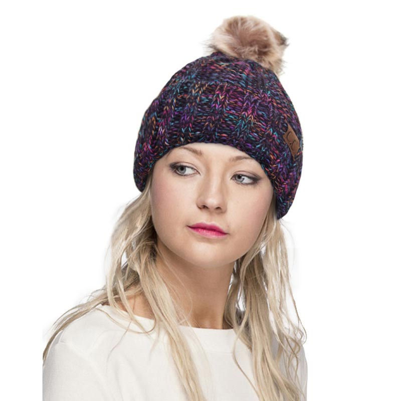 C.C Knitted Tone Hat With Fuzzy Lining and 12cm Pom - Image 5
