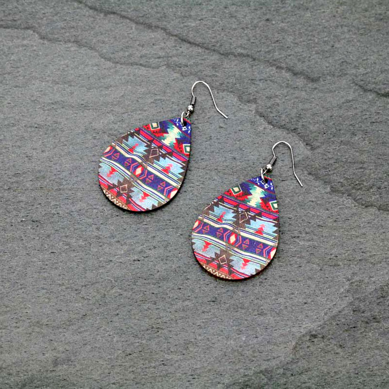 Navajo Style Teardrop Wood Fish Hook Earrings