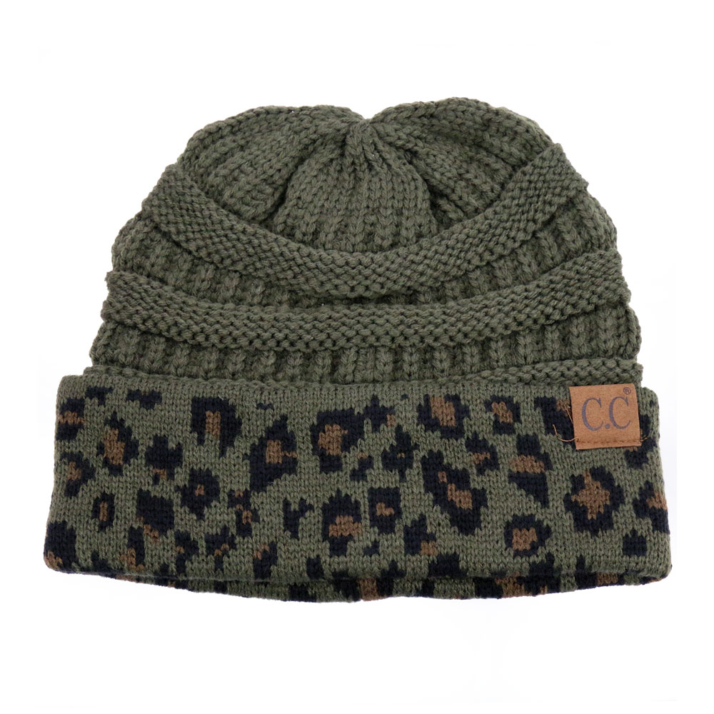 C.C Solid Color Beanie Hat with Leopard Pattern Cuff