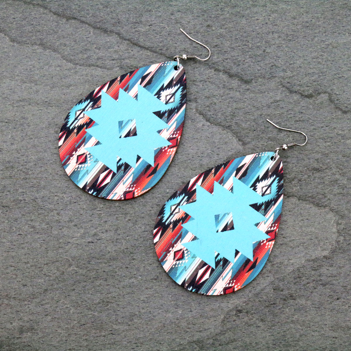 Large Serape Teardrop Wood Fish Hook Earrings-SE1231/MUL7