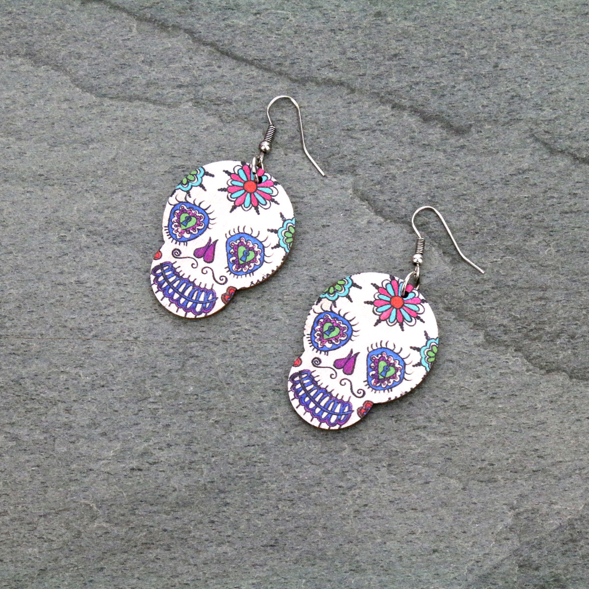 Sugar Skull Wood Fish Hook Earrings-SE1233/IVY