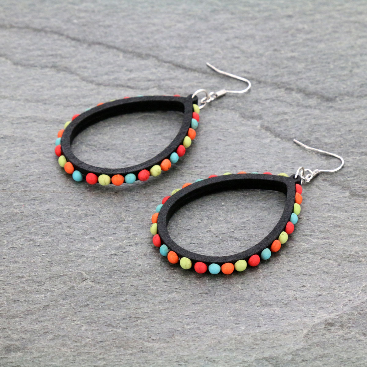 Wood Teardrop Dangle Earrings-ER1138/BLK/MUL