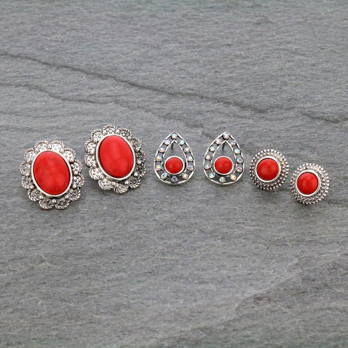 3 Pair Stone Stud Earrings Set-ER1118/COR