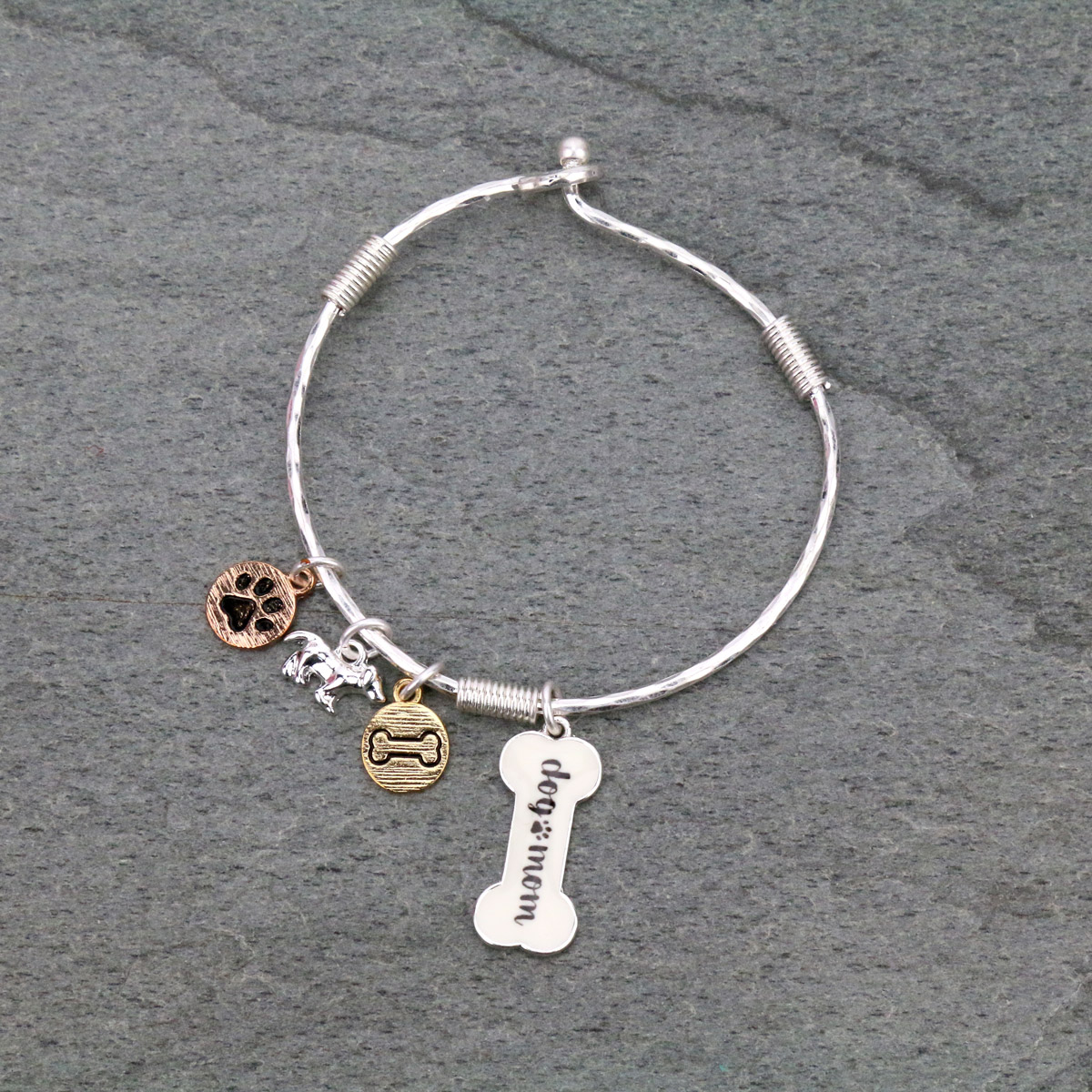 Dog Mom Charm Wire Hook Bangle Bracelet-OB09022/WS