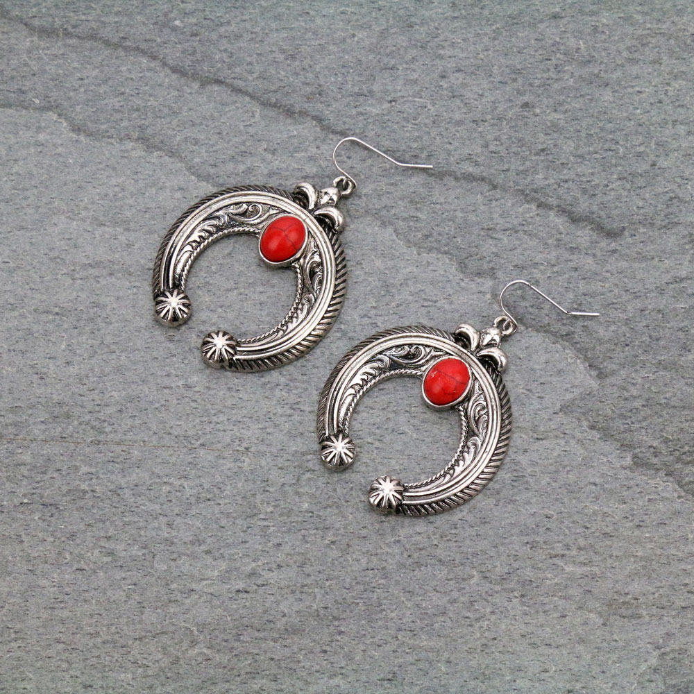 Western Single Squash Blossom Dangle Earrings-OE2712/SBRED