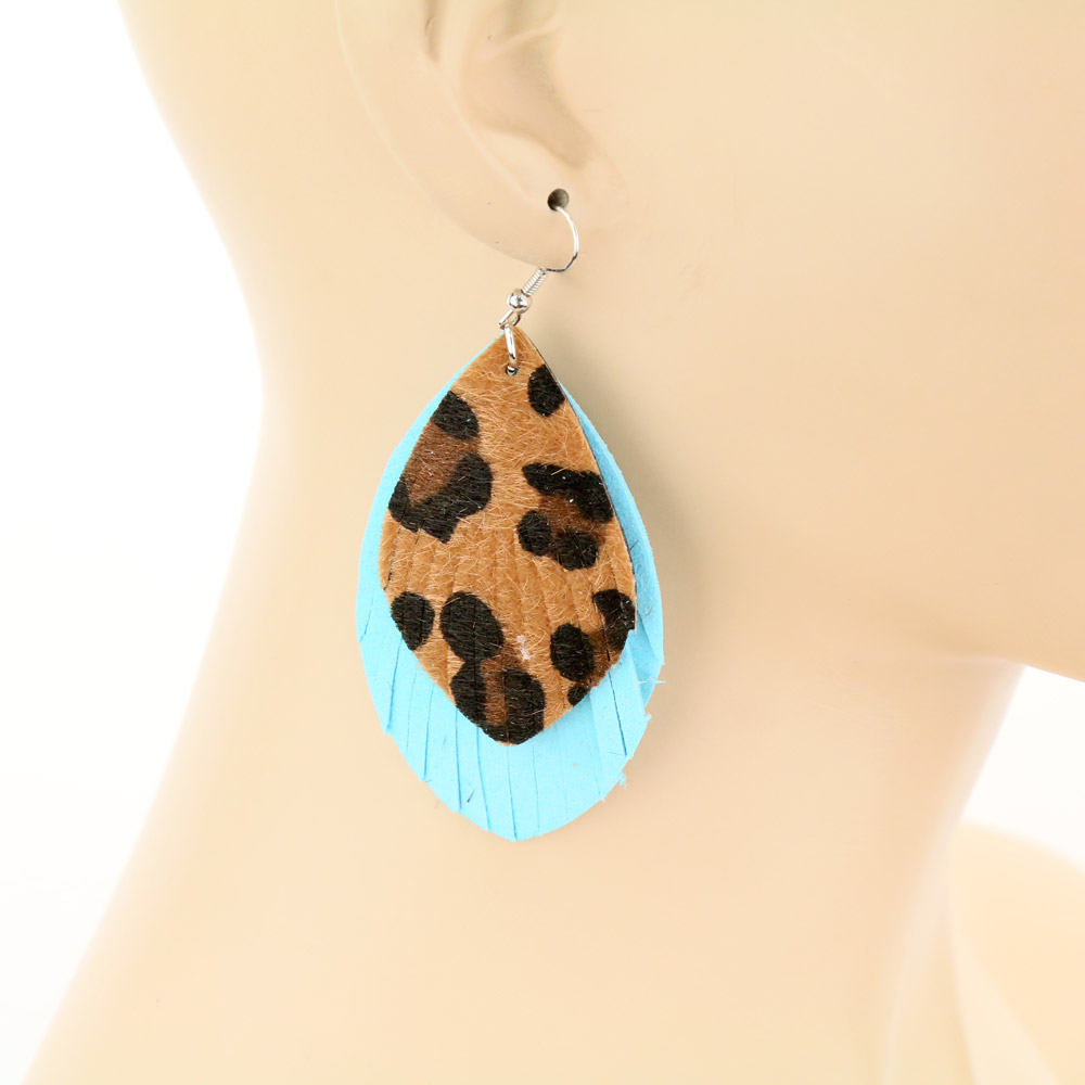 Western Leopard Leather Dangle Earrings - Image 2