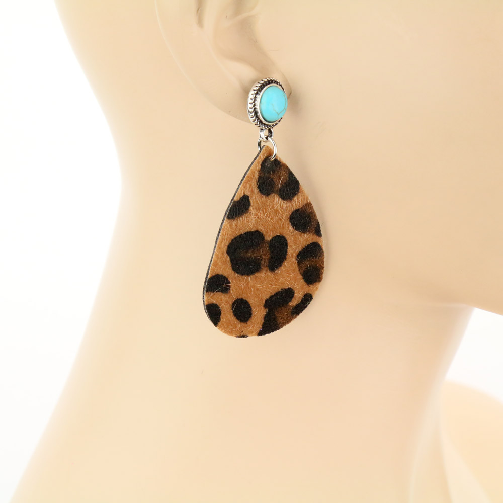 Western Leopard Leather Stud Earrings - Image 2
