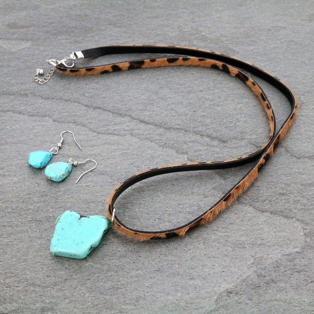 Western TQ Stone with Leopard Leather Necklace Set