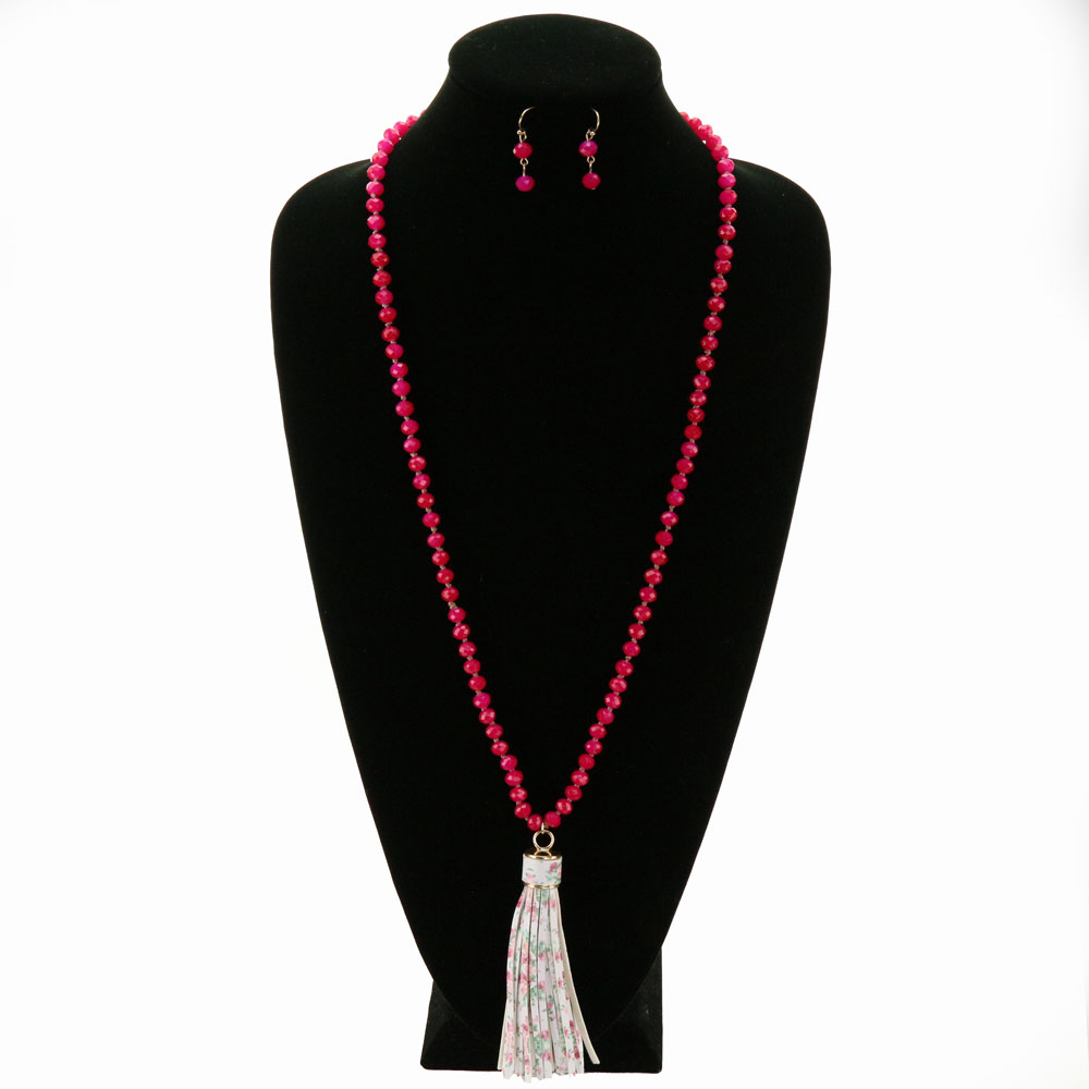 Glass Bead With Floral Tassel Necklace Set - Image 2