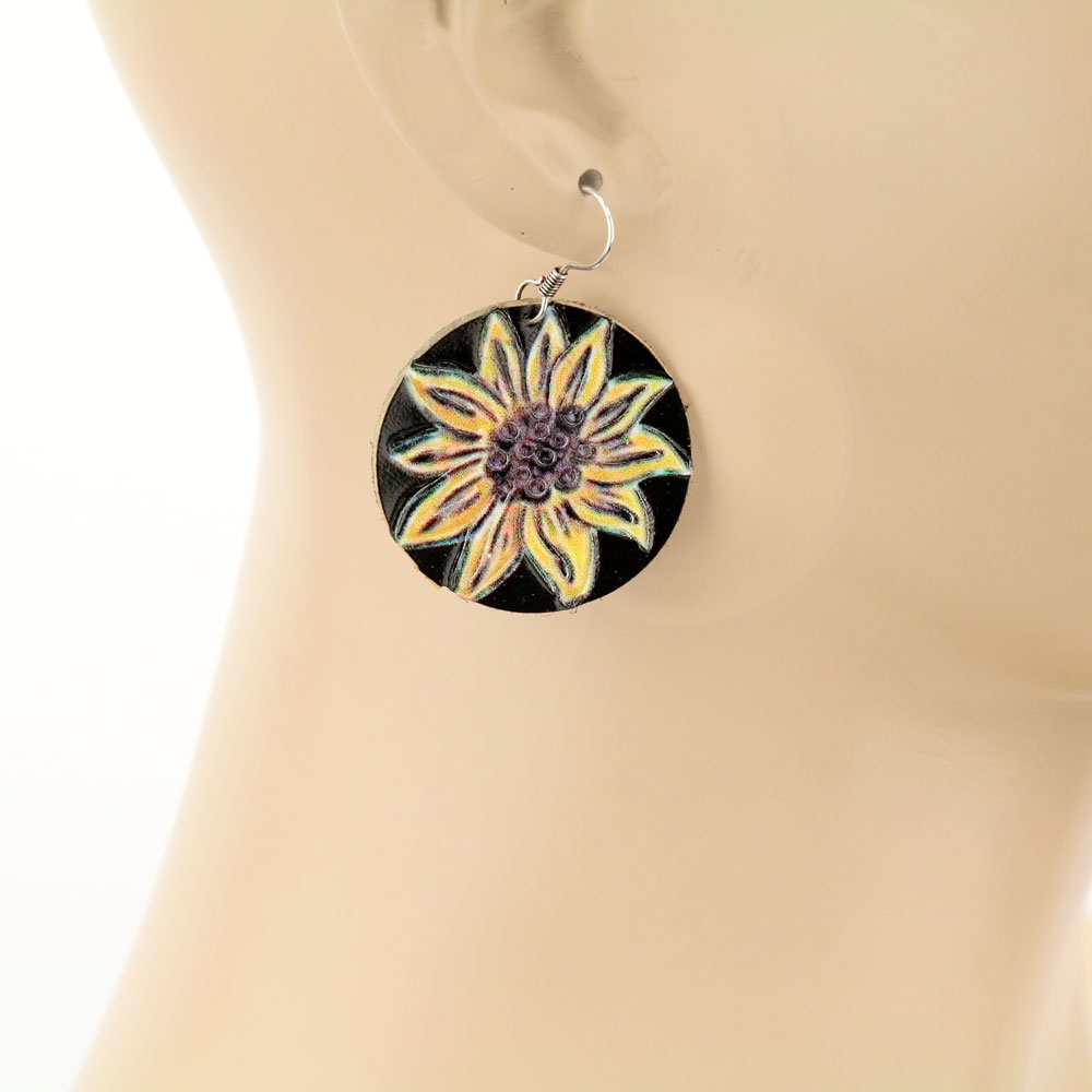 Leather Sunflower Circle Fish Hook Earrings - Image 2