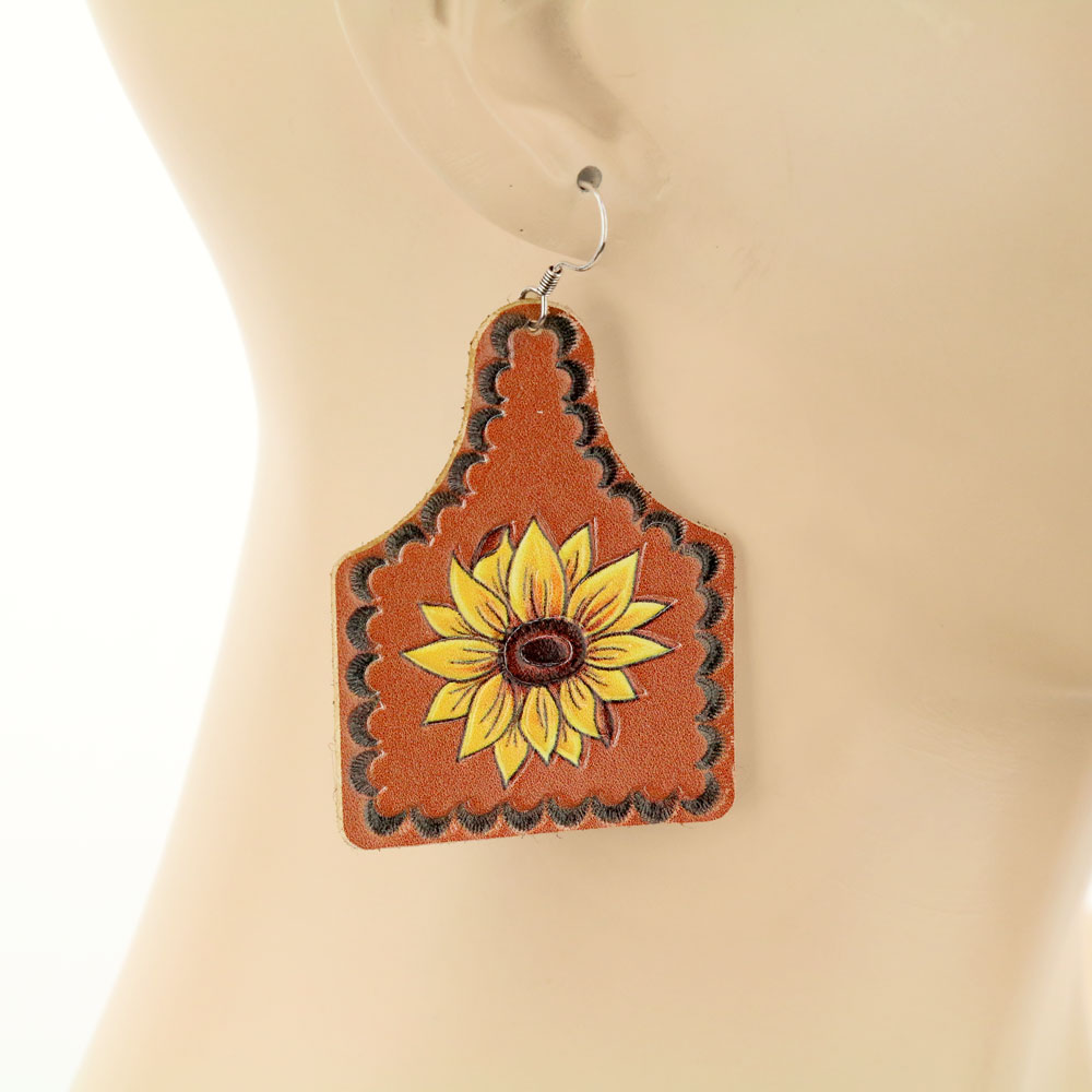 Genuine Leather Sunflower Print Fish Hook Earrings - Image 2
