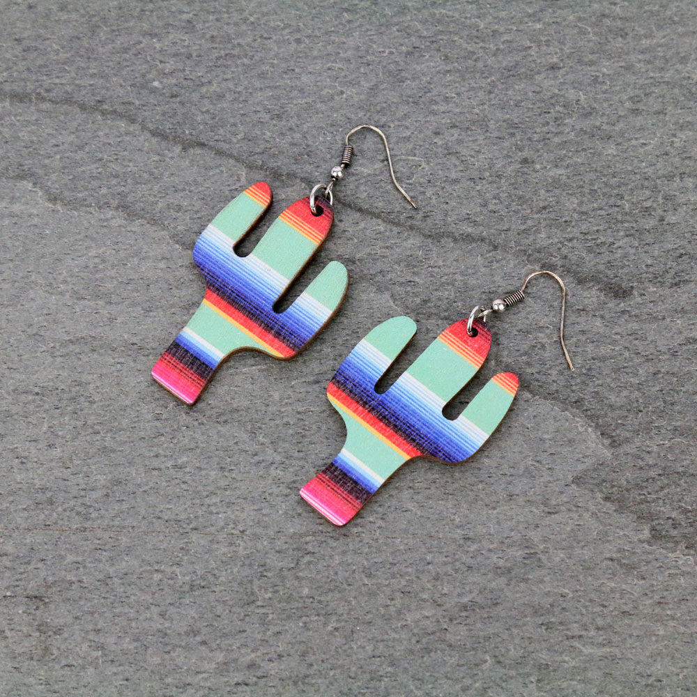 Serape Mint Cactus Wood Fish Hook Earrings