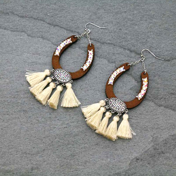 Wood Horseshoe With Tassel Fish Hook Earrings
