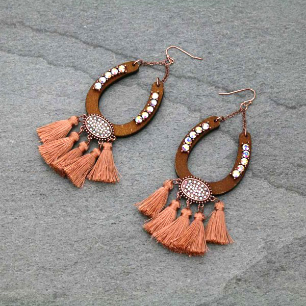Wood Horseshoe With Tassel Fish Hook Earrings