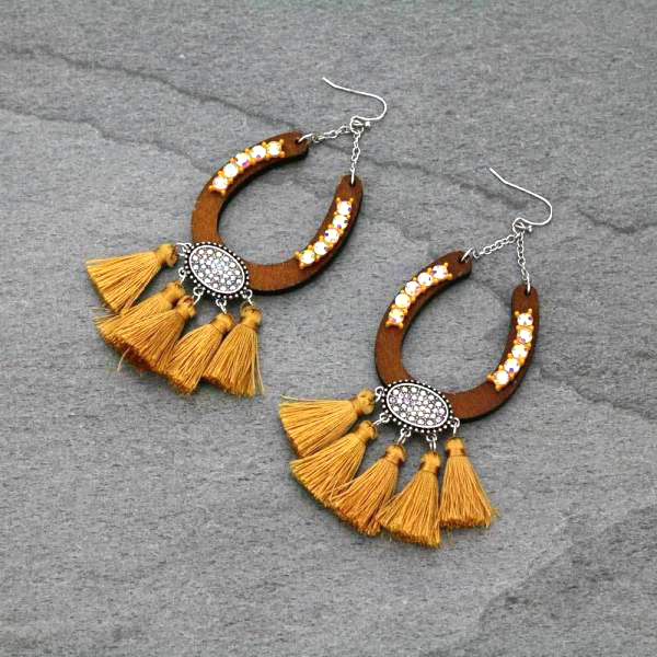 Wood Horseshoe With Tassel Fish Hook Earrings