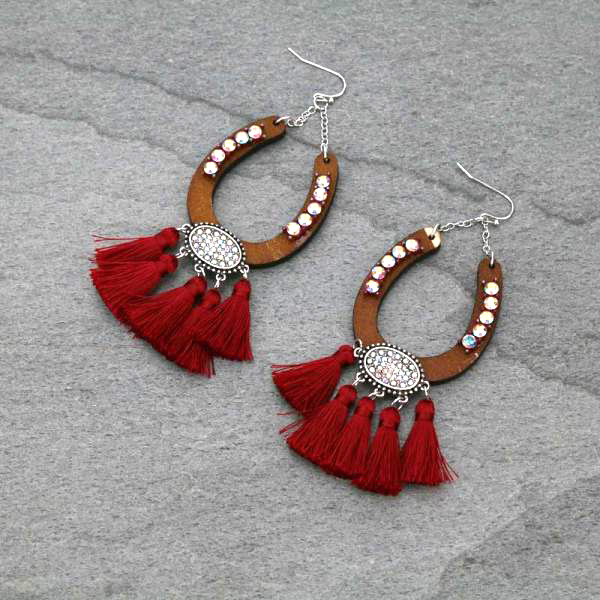 Wood Horseshoe With Tassel Fish Hook Earrings