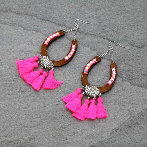 Wood Horseshoe With Tassel Fish Hook Earrings