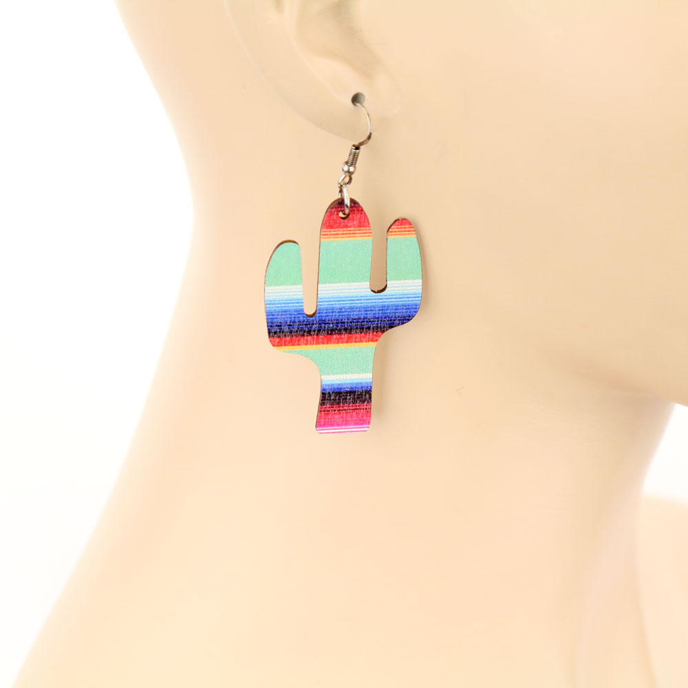 Serape Mint Cactus Wood Fish Hook Earrings - Image 2