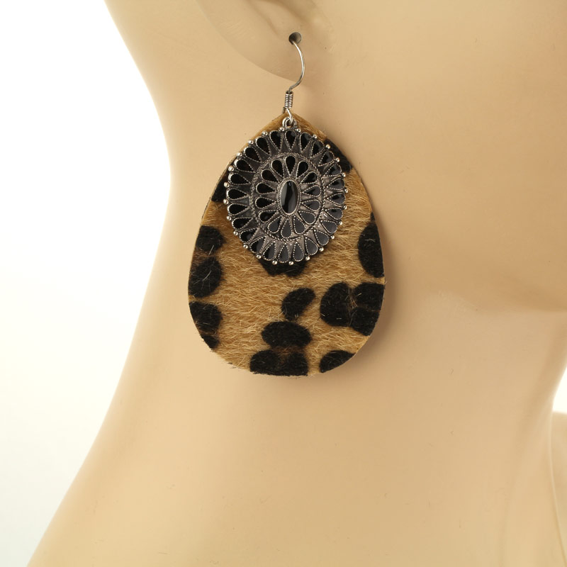 Leopard Leather with Concho Fish Hook Earrings - Image 2