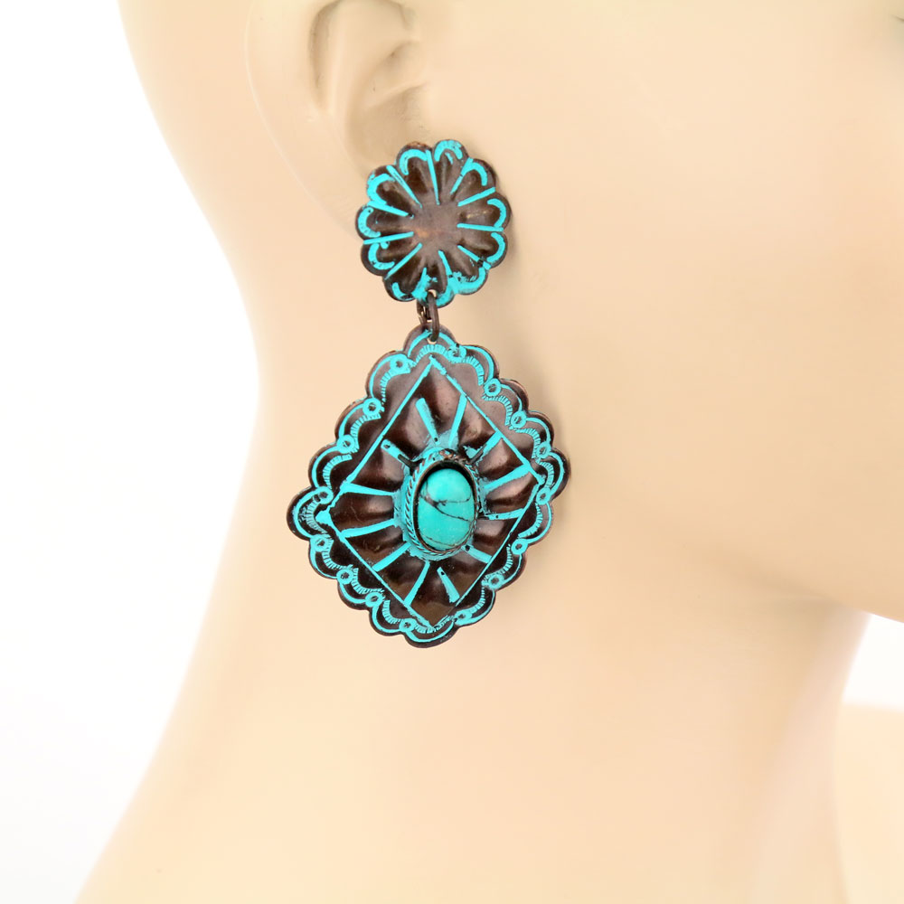 Handmade Western Diamond TQ Stone Stud Earrings - Image 2