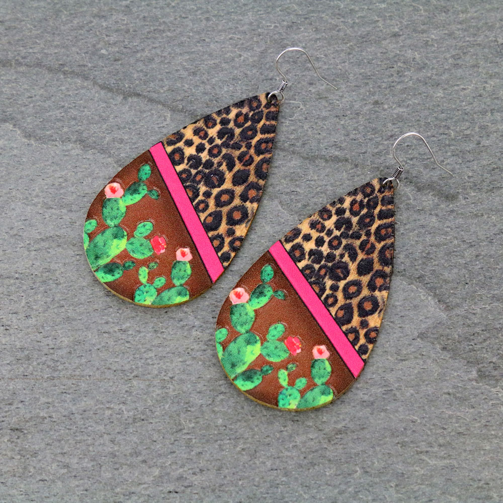 Leopard Leather Teardrop Earrings